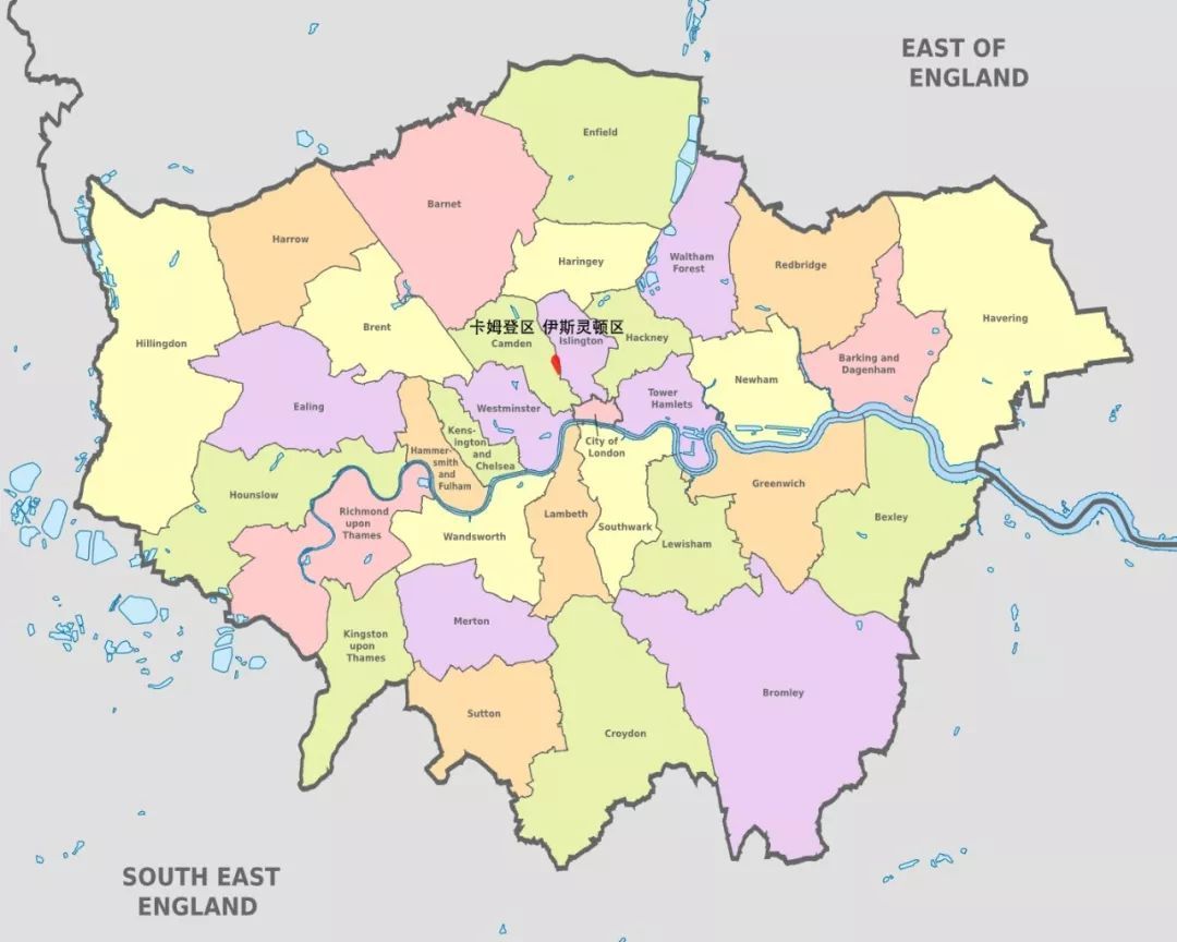伦敦地图，红色部分为现如今的国王十字中央区，其左侧为卡姆登区，右侧为伊斯灵顿区